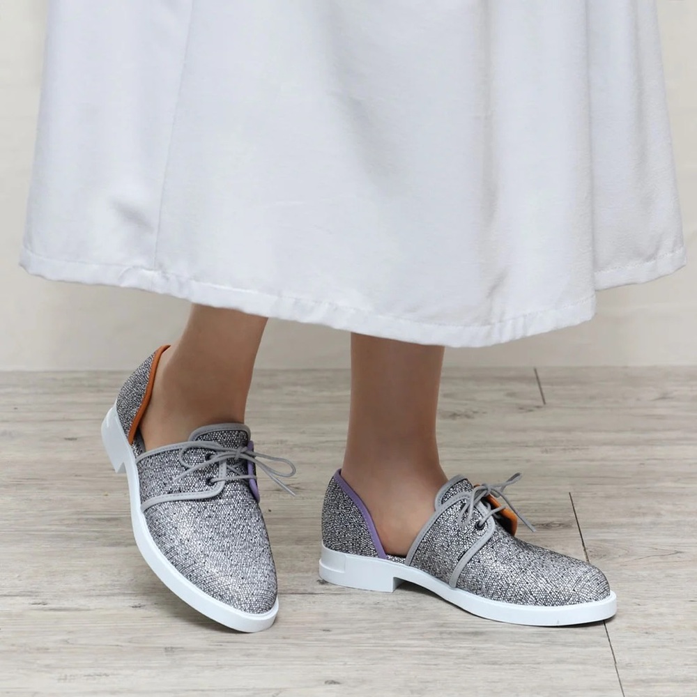 Camper Gray Textured Lace-Up Oxfords with Purple and Tan Trim